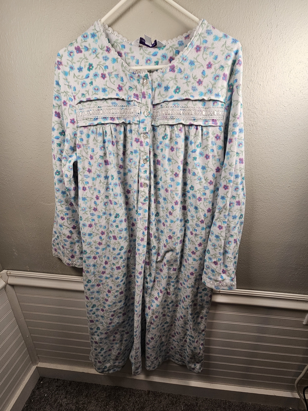 Rebecca Malone Pale Blue Floral Long Sleeve Nightgown with Lace Trim